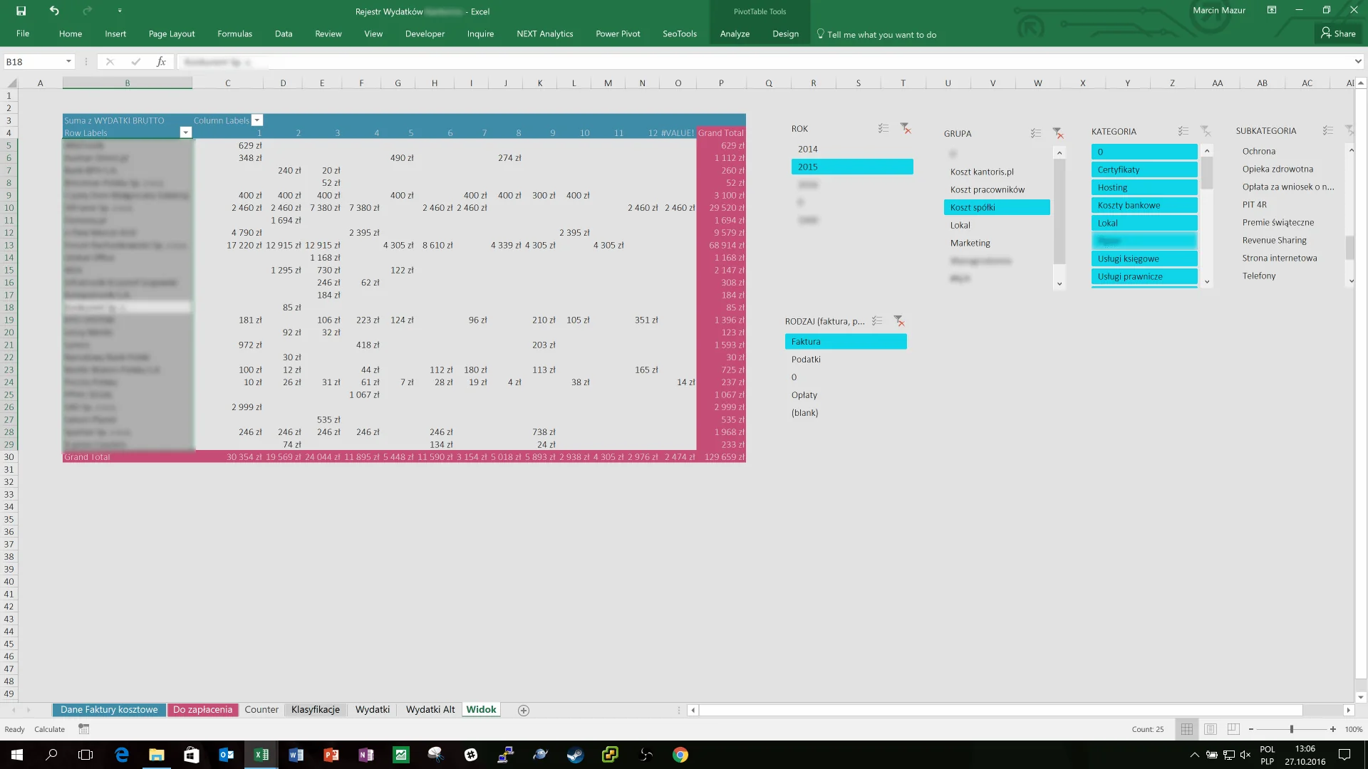 Excel – analiza struktury kosztów po imporcie danych z systemu księgowego; segmentacja według strony operacji, daty, rodzaju kosztu oraz grupy i kategorii.