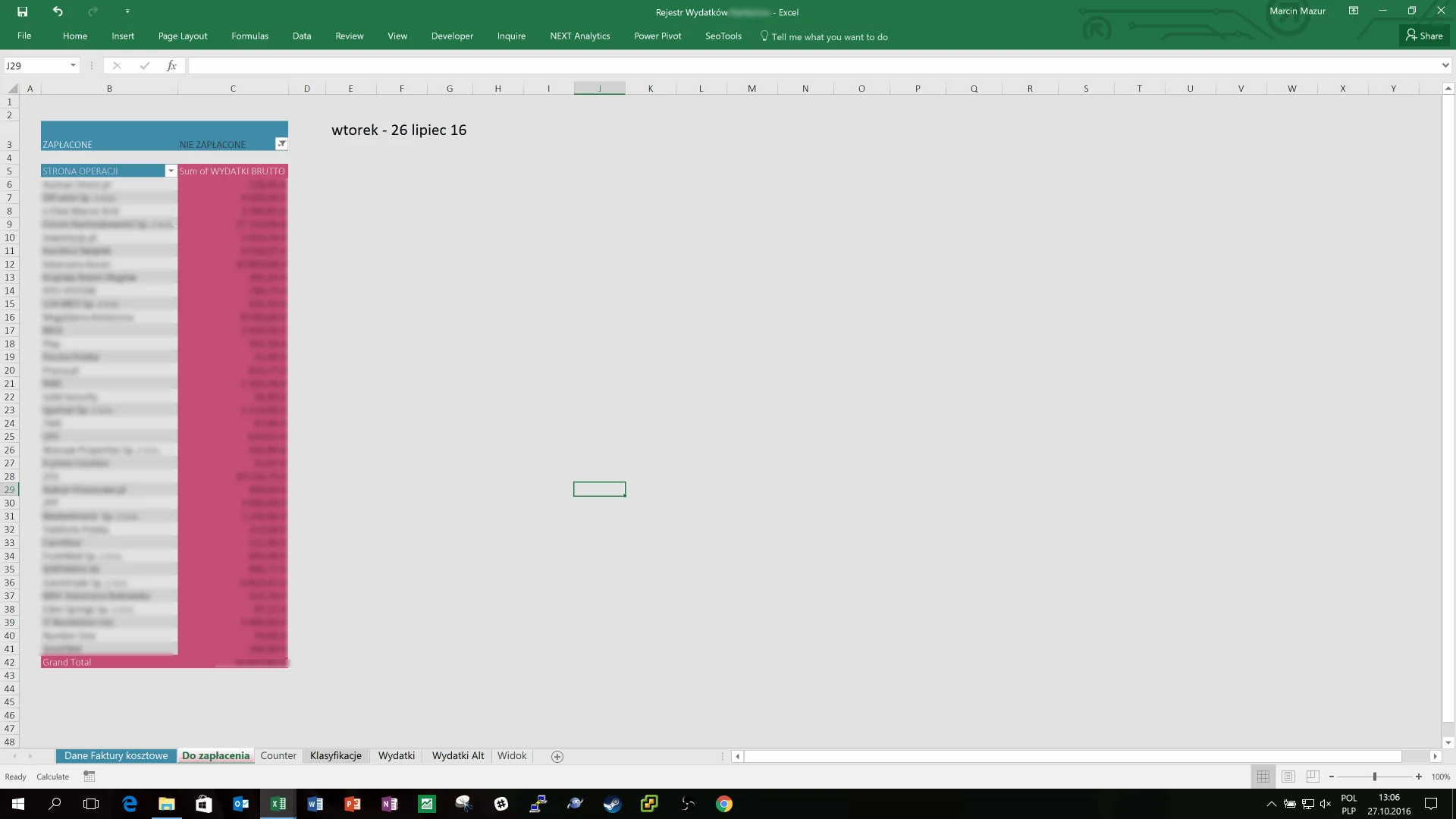 Excel – aktualny stan realizacji płatności w firmie; zestawienie kosztów zapłaconych z niezapłaconymi i kosztami stałymi oczekującymi na uregulowanie.