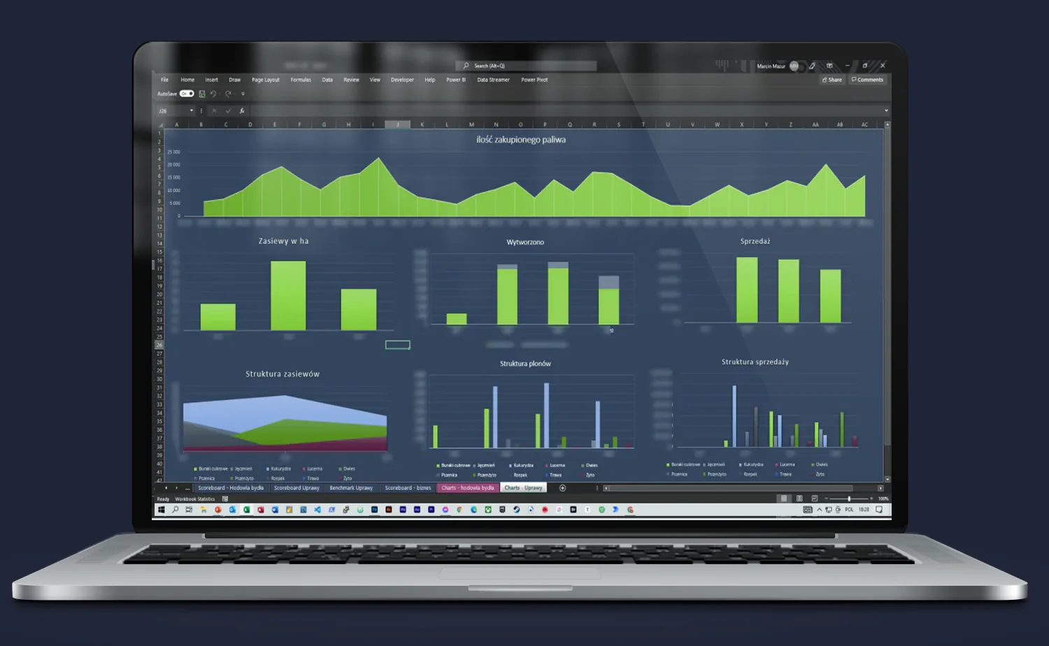 Excel dashboard – analiza kosztów i przychodów produkcji roślinnej; zużycie paliwa, zasiewy i zbiory zbóż, marża operacyjna na hektar z podziałem na pszenicę, rzepak i kukurydzę.
