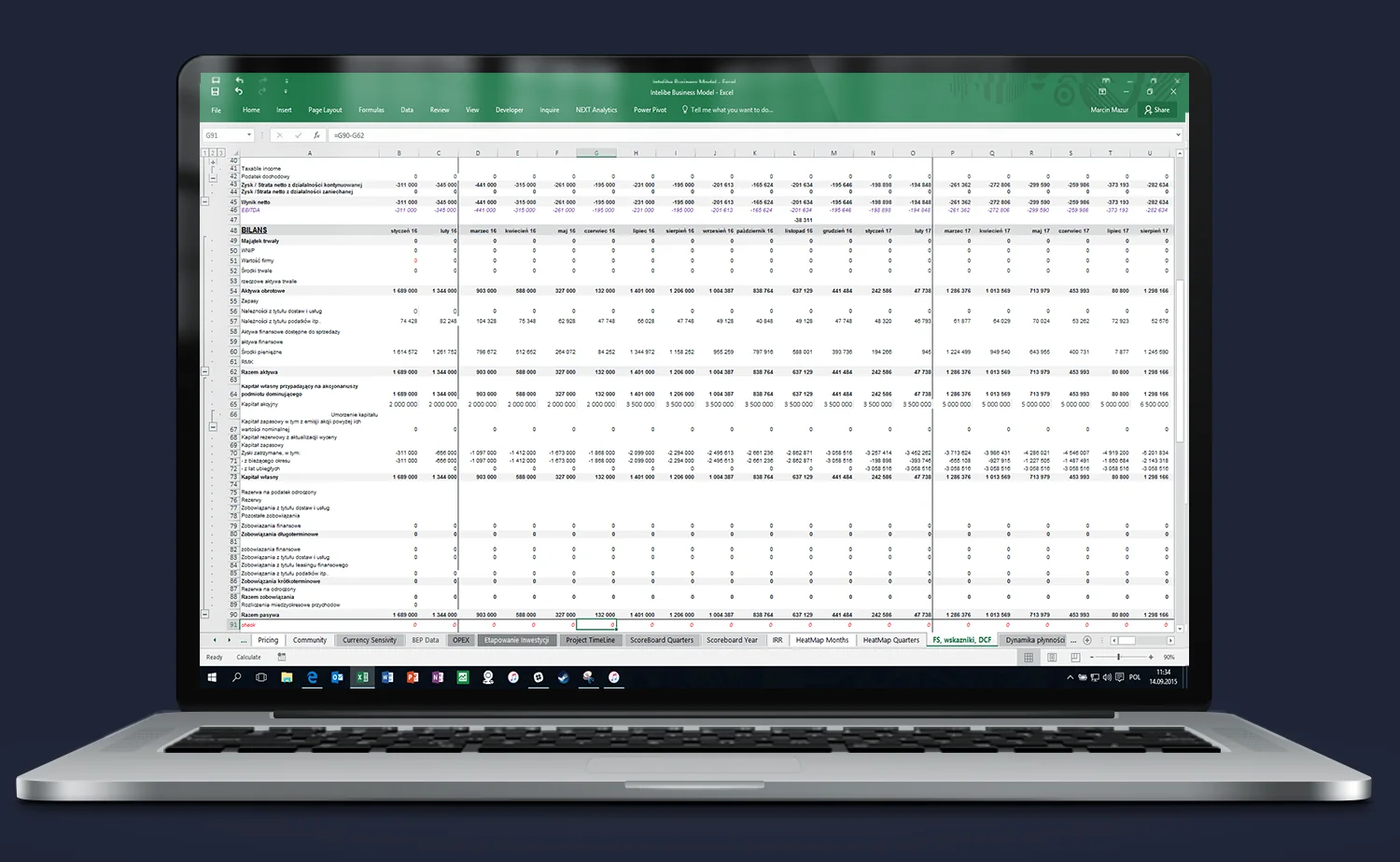 Excel model aplikacji – bilans i wynik finansowy, pełna struktura finansowa projektu mobilnego