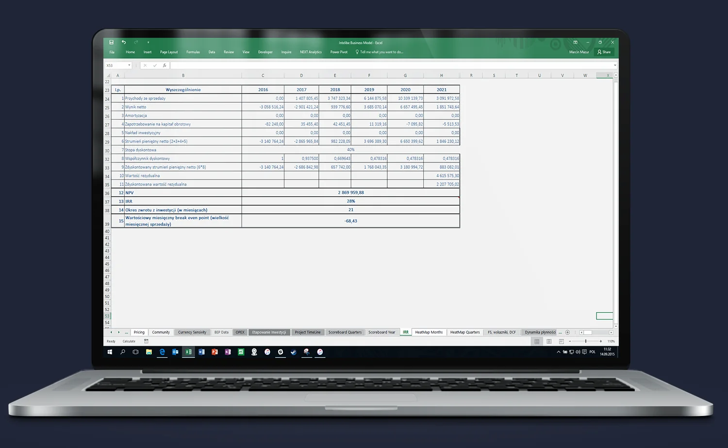Excel model aplikacji – wycena projektu metodą DCF, wartość bieżąca netto projektu technologicznego