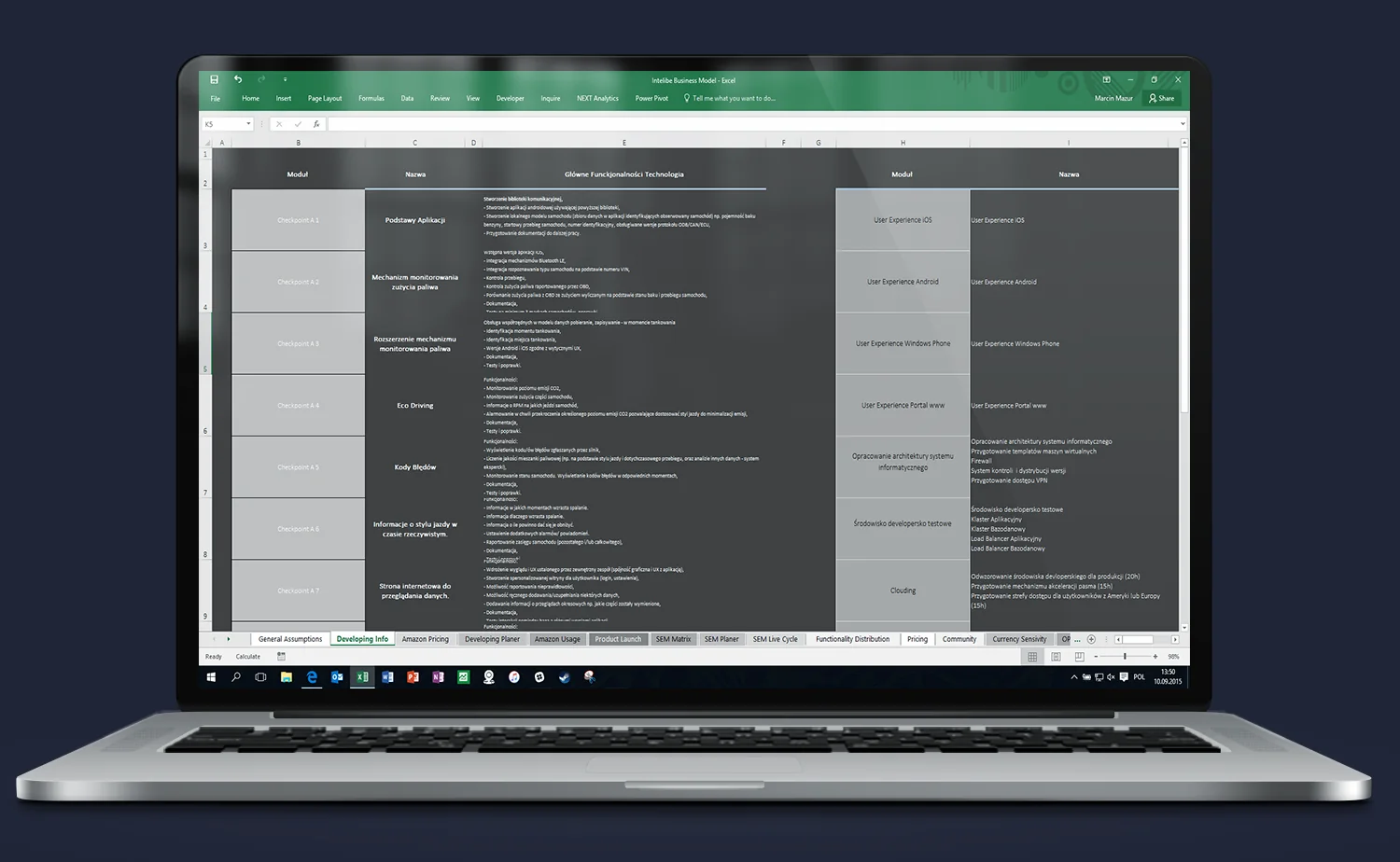 Excel model aplikacji – Development Info, funkcjonalności systemu i architektura techniczna