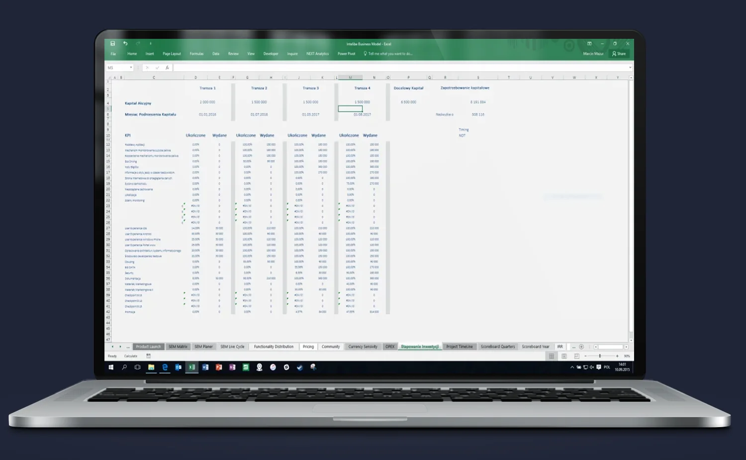 Excel model aplikacji – KPI i kontrola etapowania inwestycyjnego, kamienie milowe projektu