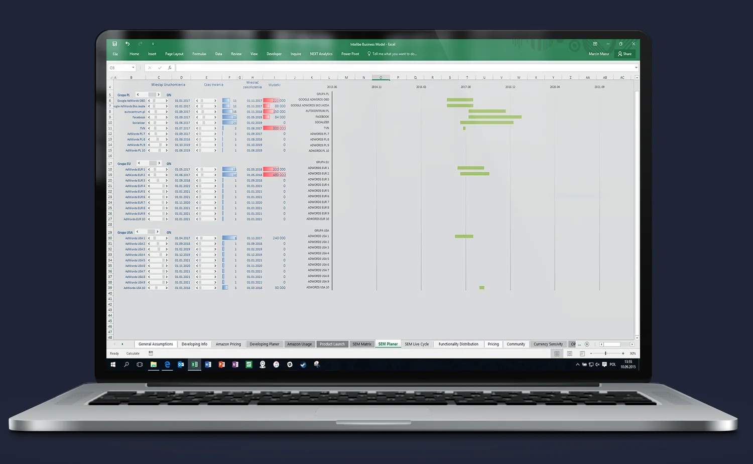 Excel model aplikacji – planowanie kampanii marketingowych i modelowanie udziału produktów w przychodach
