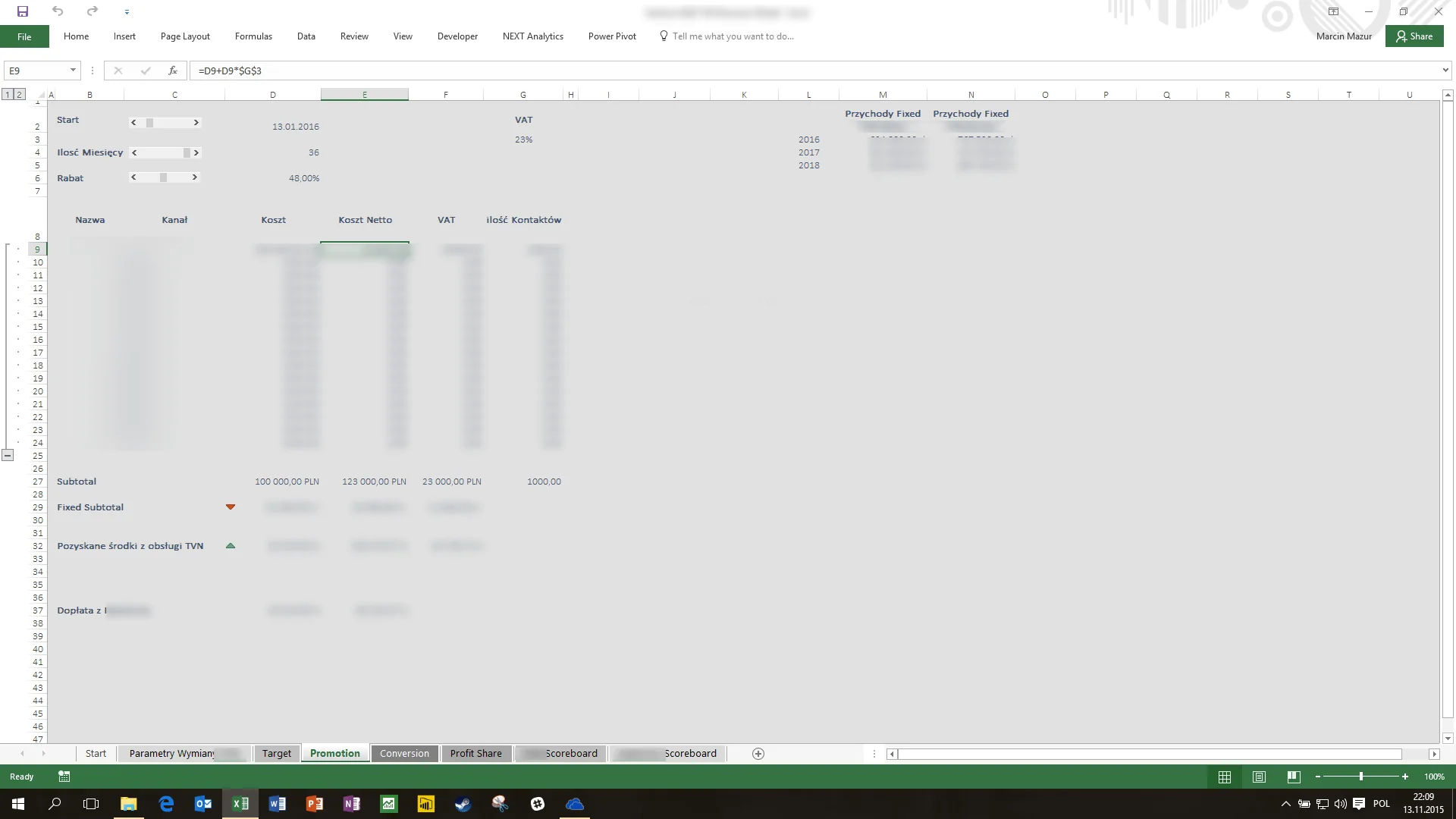 Excel model JV – parametry finansowe usług i sekcja marketingowa, założenia projektu