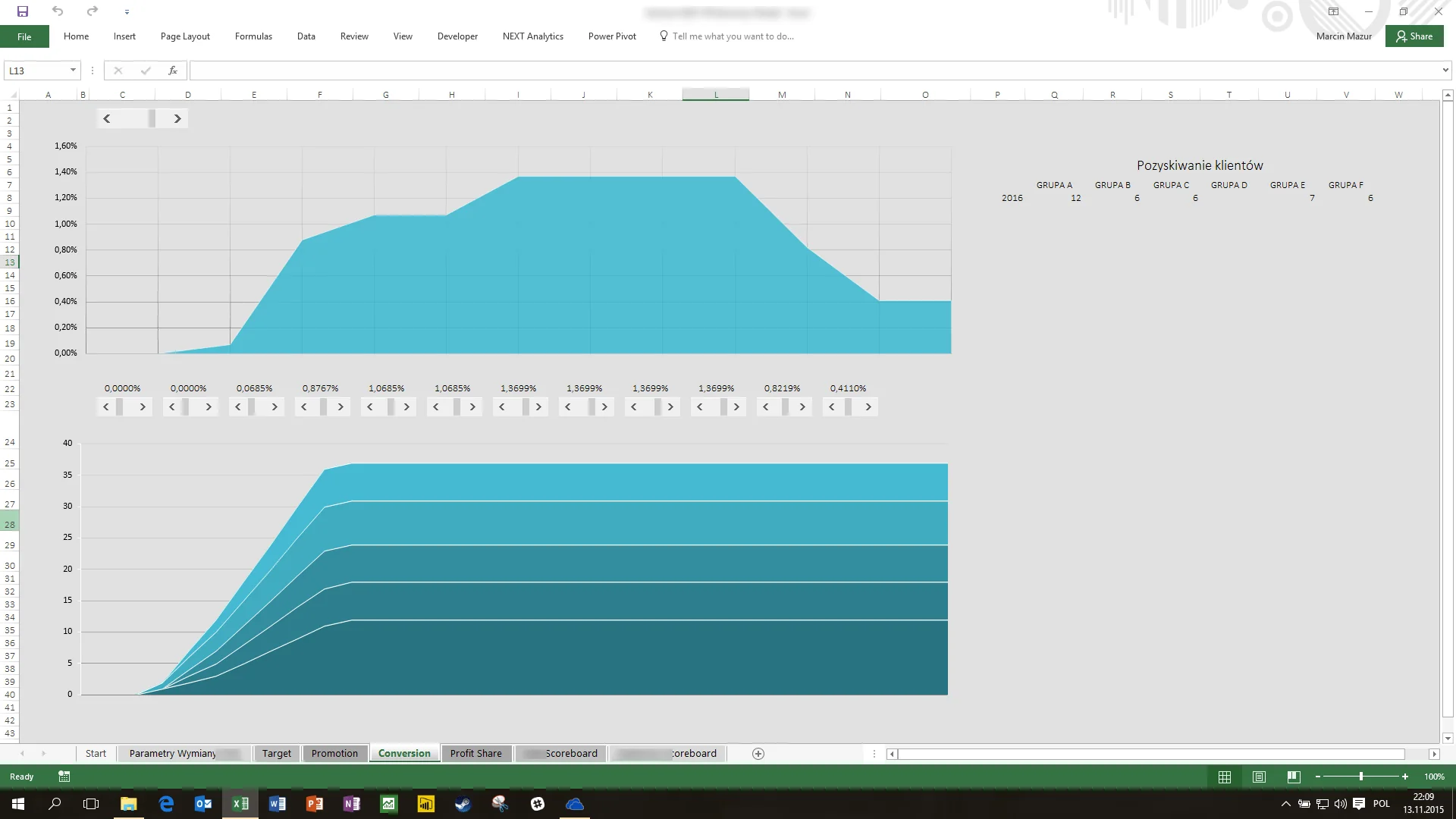 Excel model JV – parametry konwersji i dane wejściowe Podmiotu A, koszty pozyskania klienta