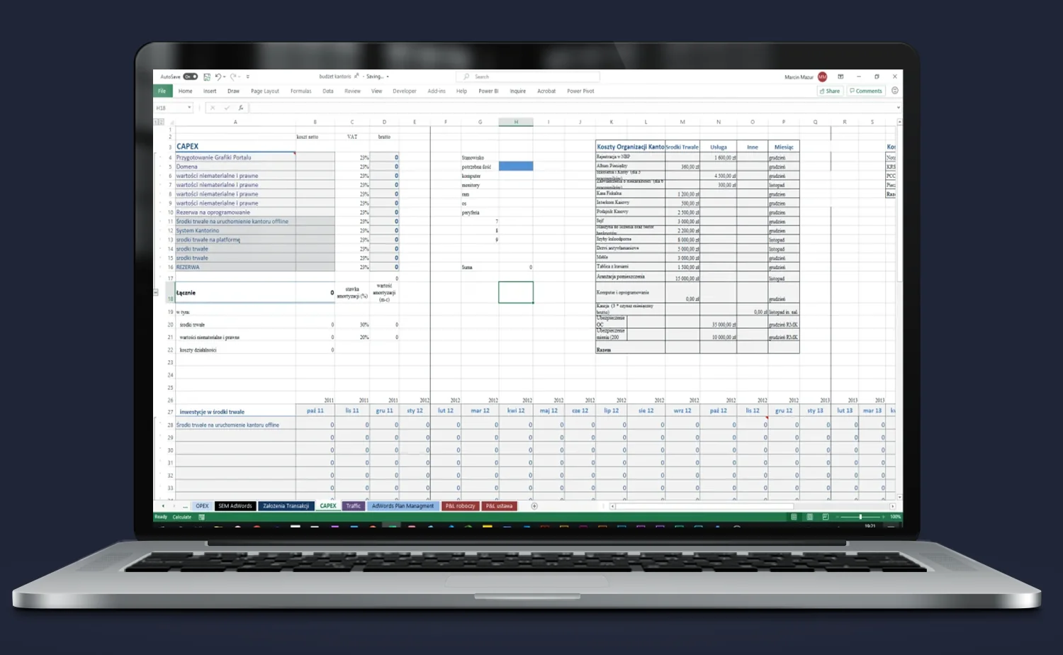 Excel model startupu – planowanie CAPEX i OPEX, podział kosztów inwestycyjnych i operacyjnych