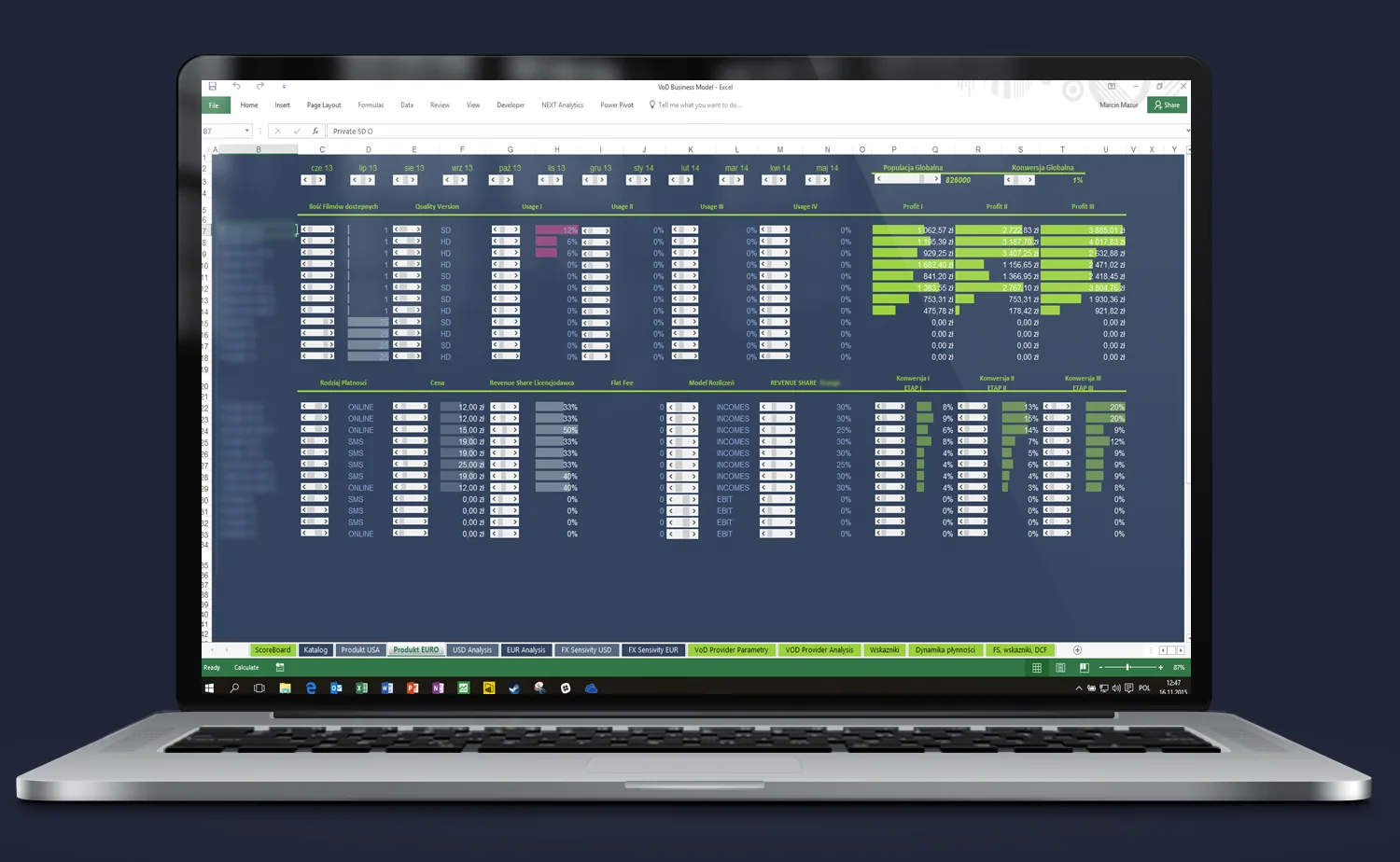 Excel model VoD – analiza LTV, CAC i wskaźnika churn, modelowanie cash flow platformy streamingowej