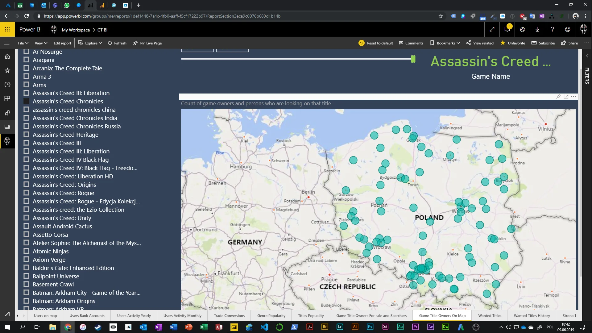 Power BI – interaktywna mapa lokalizacji graczy posiadających konkretne tytuły gier