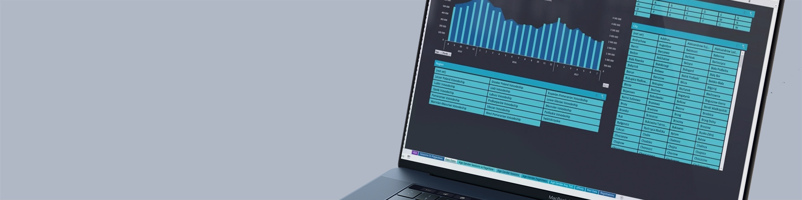 Raport Excel + Google Analytics API; widok ekranu laptopa z modułem systemu.