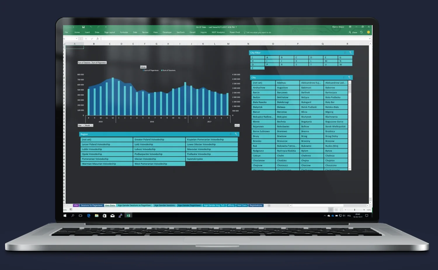 Raport Excel + Google Analytics API; widok ekranu laptopa z modułem systemu.