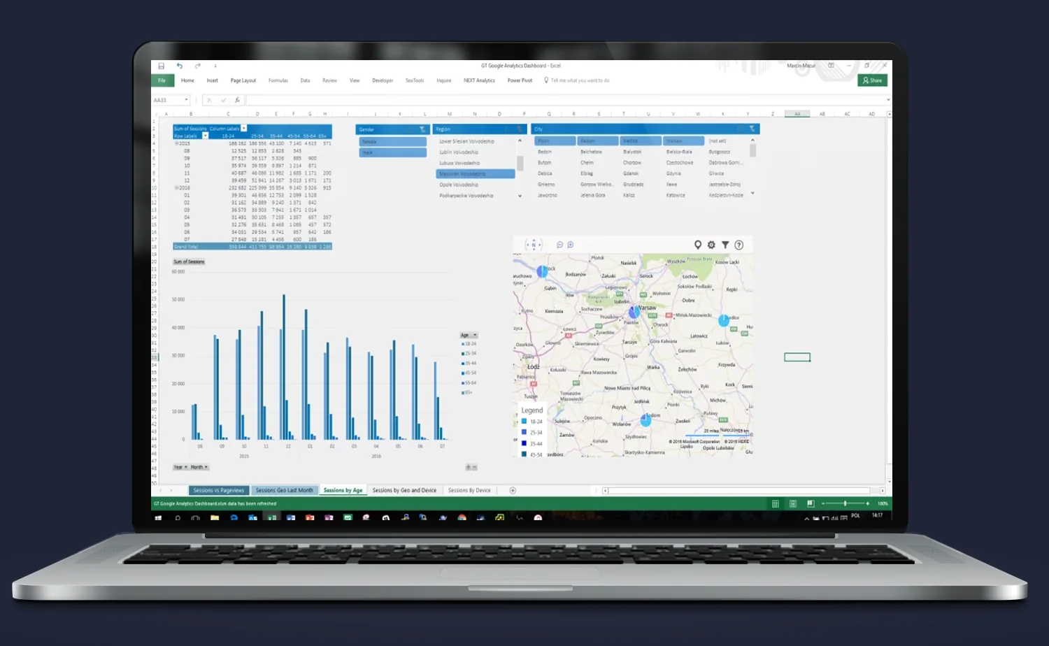 Raport Excel + Google Analytics API – Dzięki tej analizie użytkownik może z łatwością:; widok ekranu laptopa z modułem systemu.