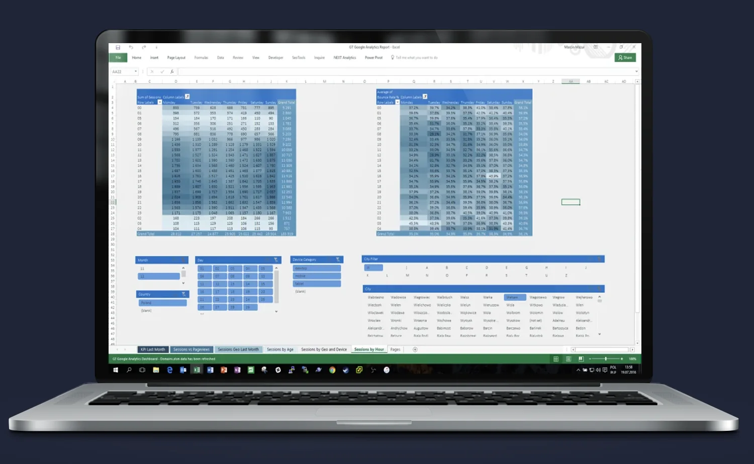 Raport Excel + Google Analytics API – Dzięki temu widokowi: – Efekt? Mniej czasu na raportowanie, więcej na analizę; widok ekranu laptopa z modułem systemu.